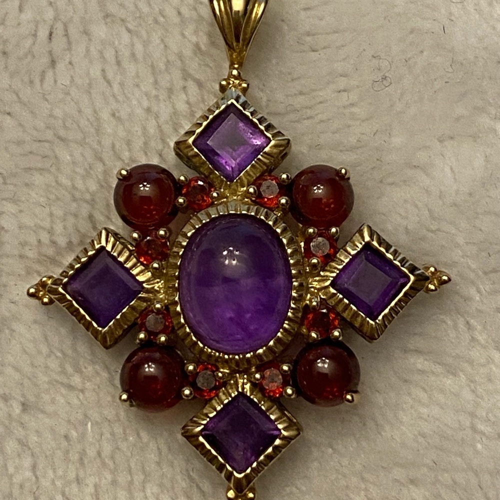 👑10K YG Multi-Gem-Amethyst, Garnet, Ruby Pendant - Picture 2 of 7